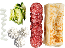 Блин с салями , свежим огурцом и творожным сыром